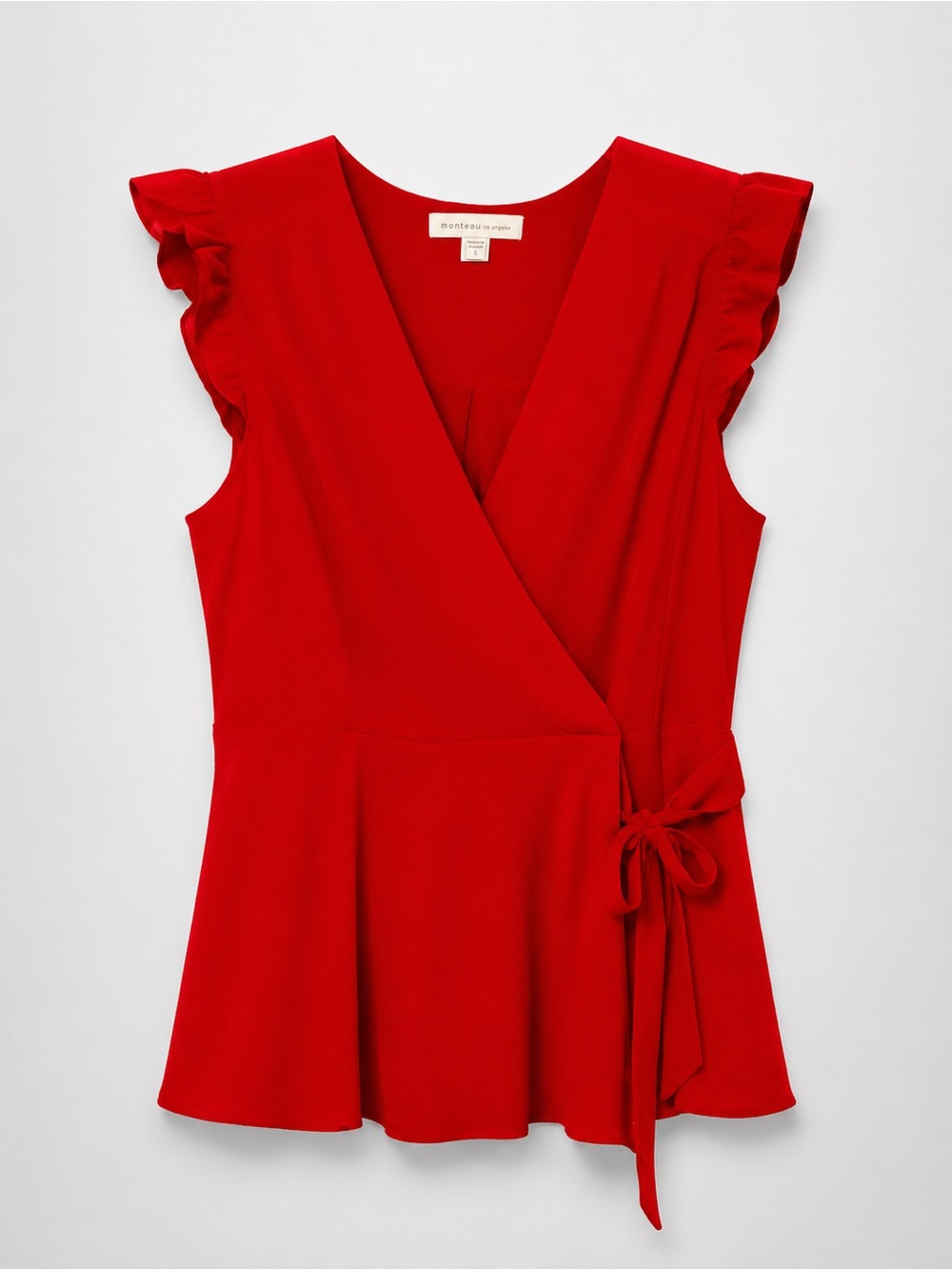 Monteau Red Wrap Peplum Top with Ruffle Sleeves